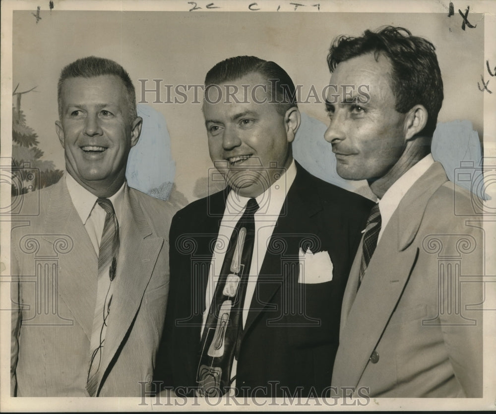 1953 Gus Elmer, Jr. &amp; others at public meeting of shrimp trawling - Historic Images