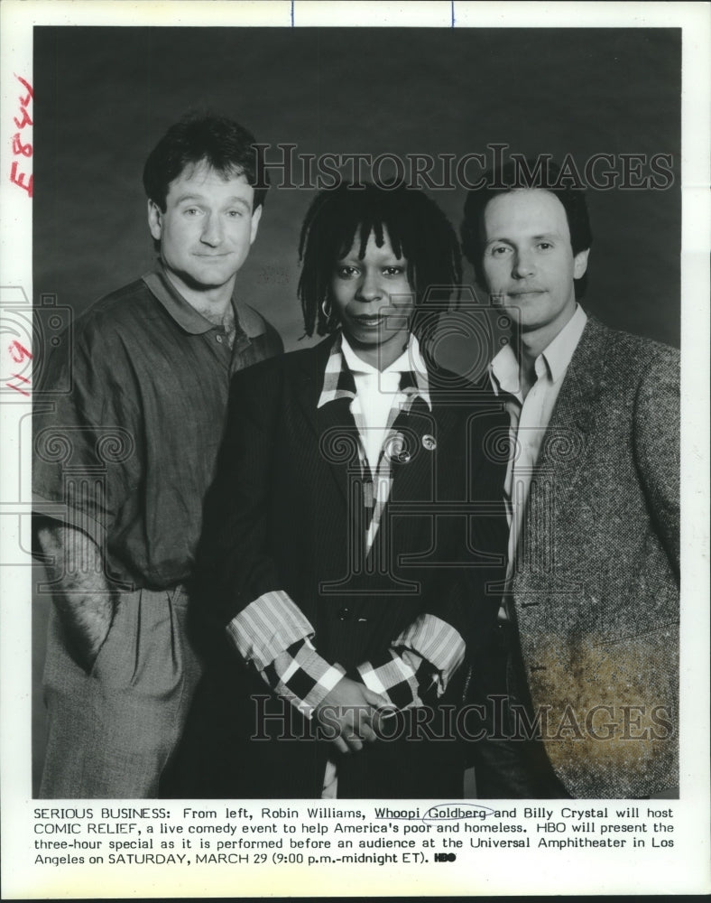 1986 Press Photo Whoopi Goldberg, Williams &amp; Crystal host of Comic Relief on HBO - Historic Images