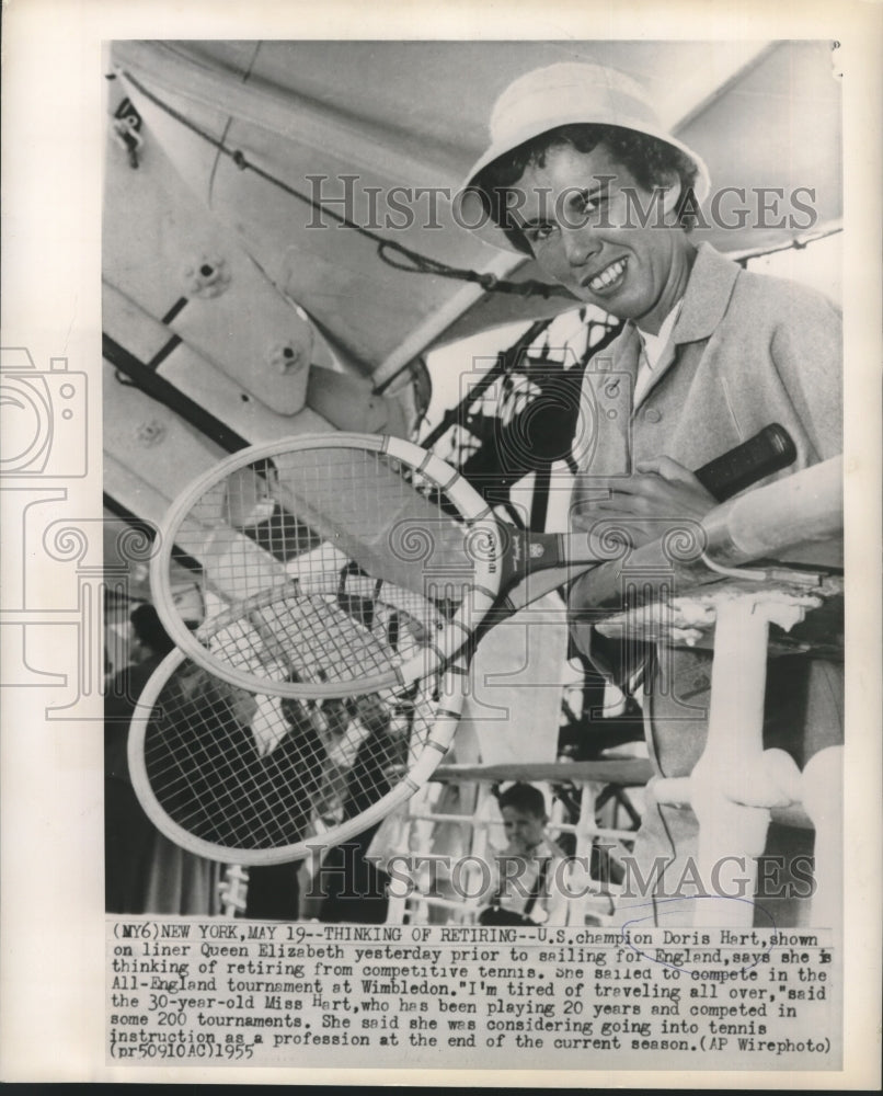 1955 Press Photo Tennis Champion Doris Hart Aboard Queen Elizabeth Liner- Historic Images