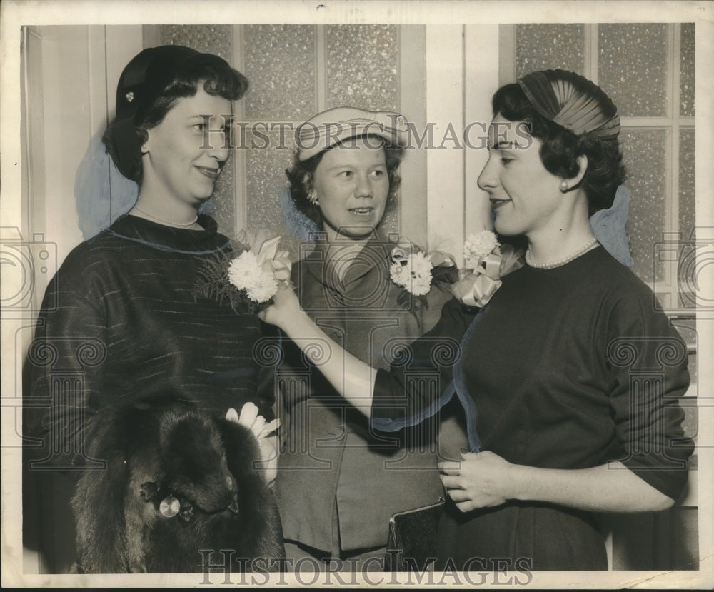 1957 Press Photo Colleen Halloran pins corsage on Mrs. C. Raymond Morgan-Historic Images