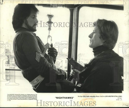 1981 Press Photo Actors Rutger Hauer, Sylvester Stallone in "Nighthawks"-Historic Images