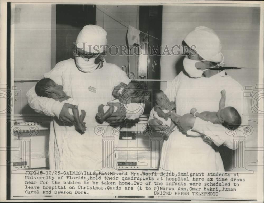 1953 Mr. &amp; Mrs. Wasfi Hijab with Newborn Quadruplets, Florida - Historic Images