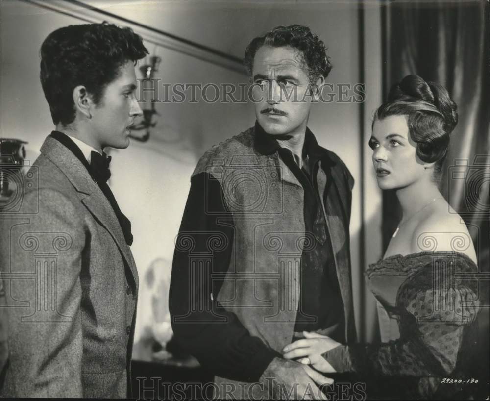 1951 Press Photo John Barrymore Jr., Corinne Calvet & Patric Knowles in "Quebec" - Historic Images