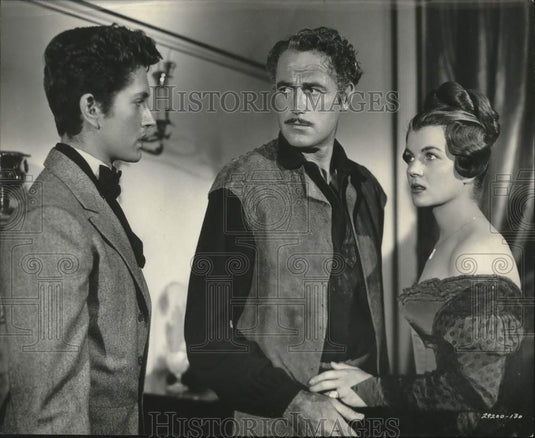1951 Press Photo John Barrymore Jr., Corinne Calvet & Patric Knowles in "Quebec" - Historic Images
