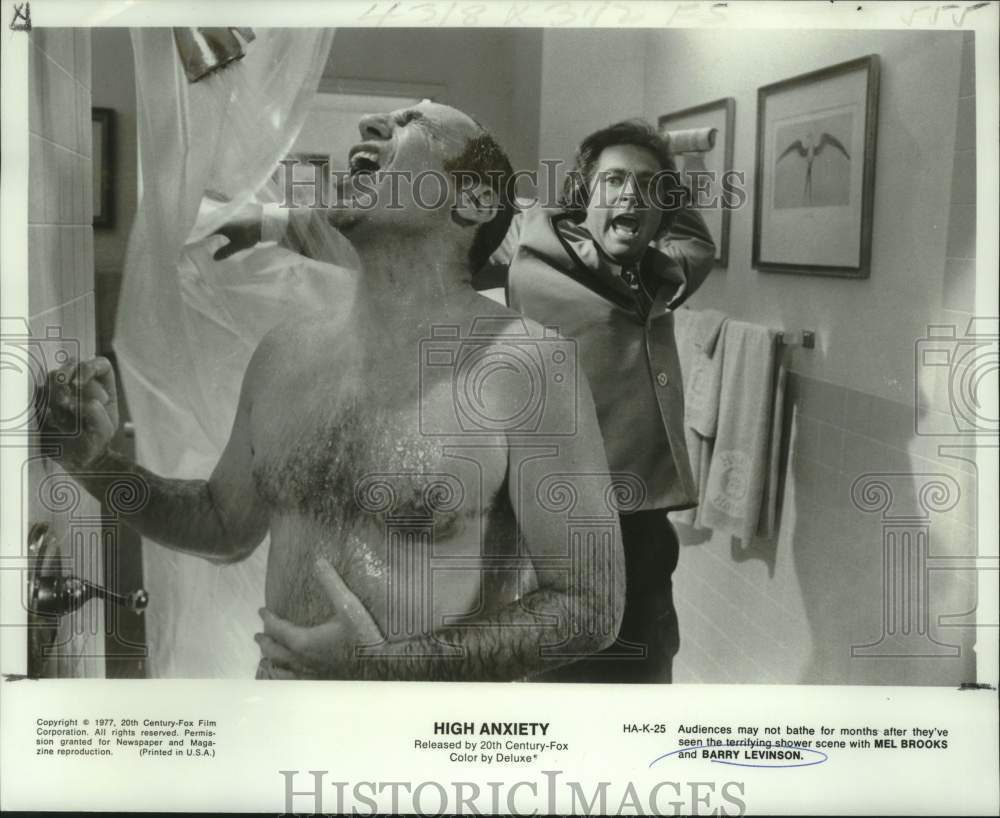 1977 Press Photo Actors Mel Brooks and Barry Levinson in &quot;High Anxiety&quot; - Historic Images