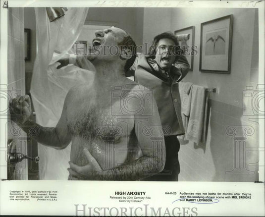 1977 Press Photo Actors Mel Brooks and Barry Levinson in "High Anxiety" - Historic Images