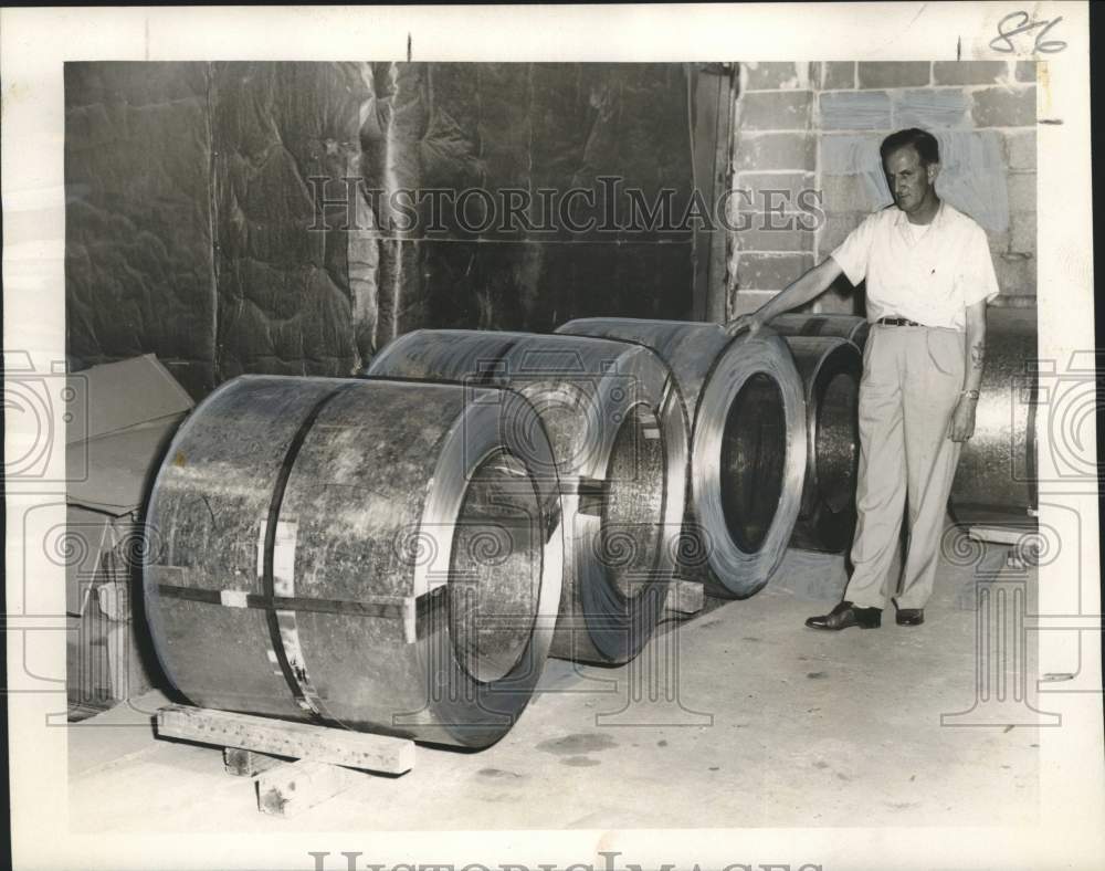 1957 Press Photo W. Lebouef and steel ready for cutting. - nox32701-Historic Images