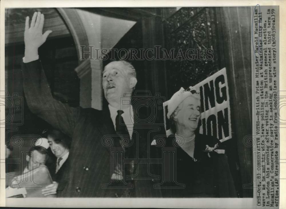 1959 Press Photo British Prime Minister Harold Macmillan leaves polling station.-Historic Images