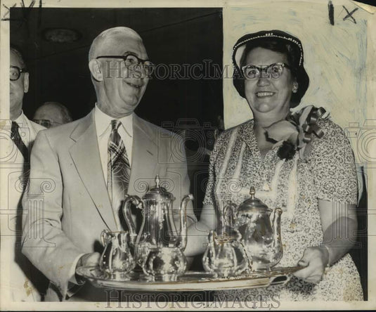 1952 Press Photo "New Orleans States" Sports Editor, Wife with Silver Service - Historic Images