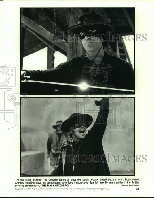 1998 Press Photo The two faces of Zorro: Antonio Banderas and Anthony Hopkins. - Historic Images