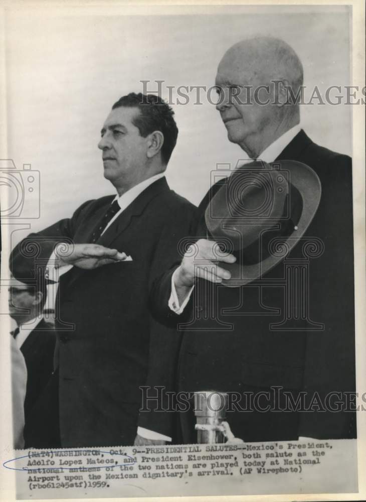 1959 Press Photo U.S. &amp; Mexican Presidents Eisenhower &amp; Mateo Salute Anthems - Historic Images