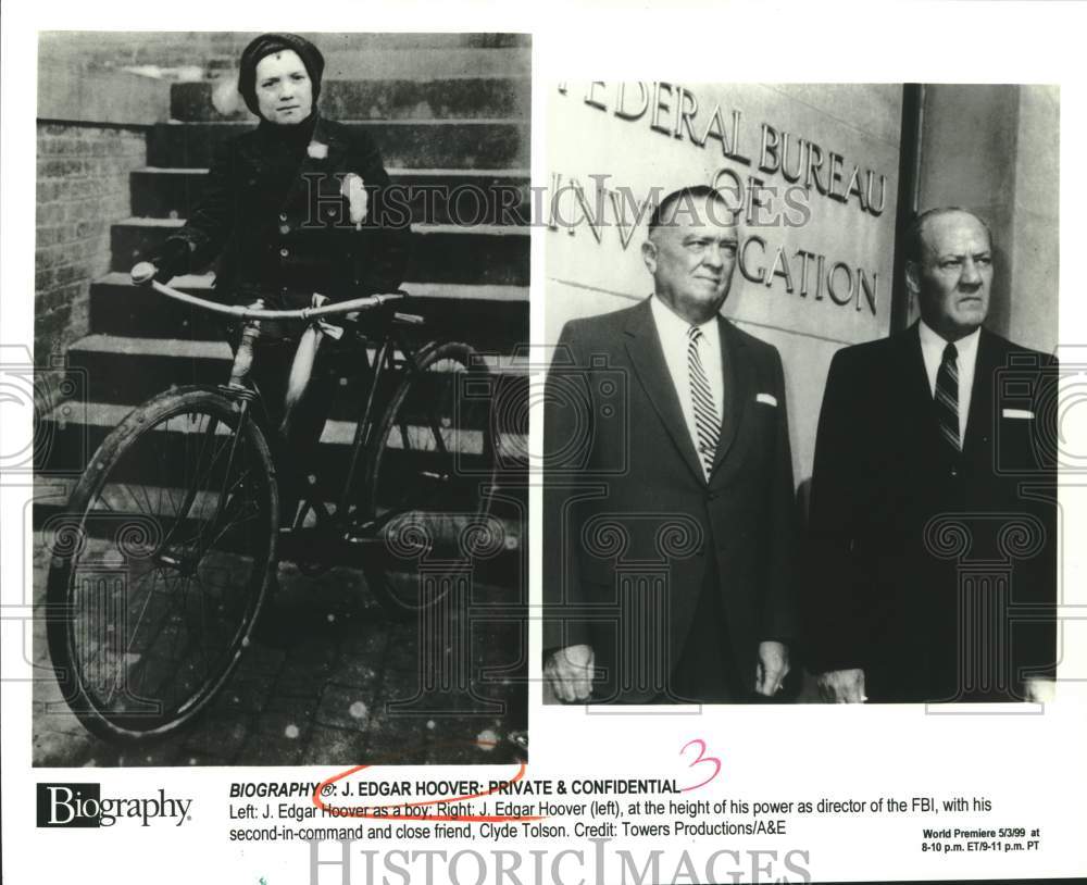 1999 Press Photo J. Edgar Hoover as a boy and with Clyde Tolson in a biography. - Historic Images