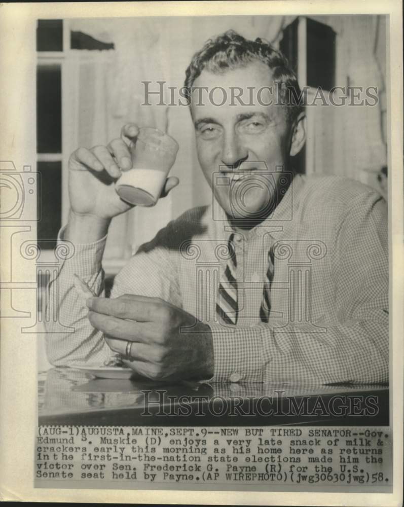 1958 Press Photo Maine Governor Edmund Muskie Has Snack after Senatorial Win - Historic Images