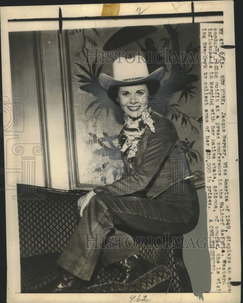 1949 Press Photo Miss America Jacque Mercer Models Riding Outfit, New York - Historic Images