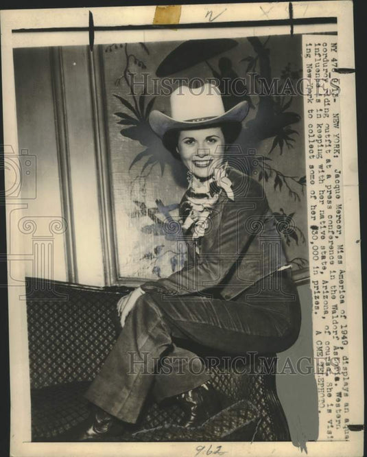 1949 Press Photo Miss America Jacque Mercer Models Riding Outfit, New York - Historic Images
