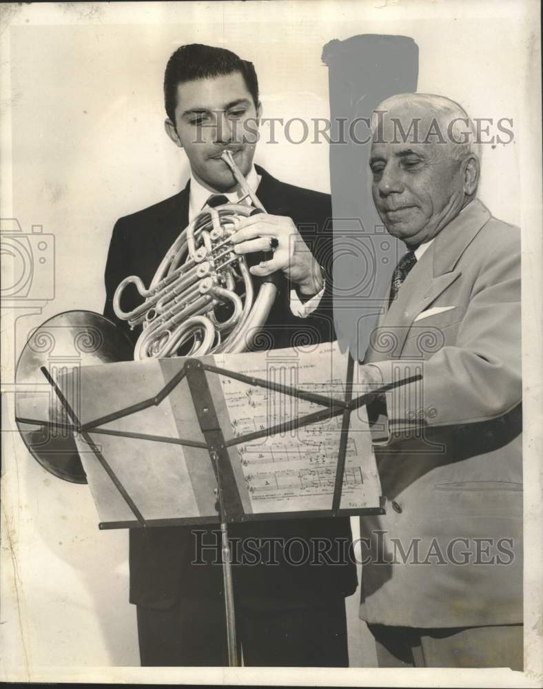 1966 Press Photo Vincent Orso Sr., with his son Vincent Jr. at rehearsal. - Historic Images