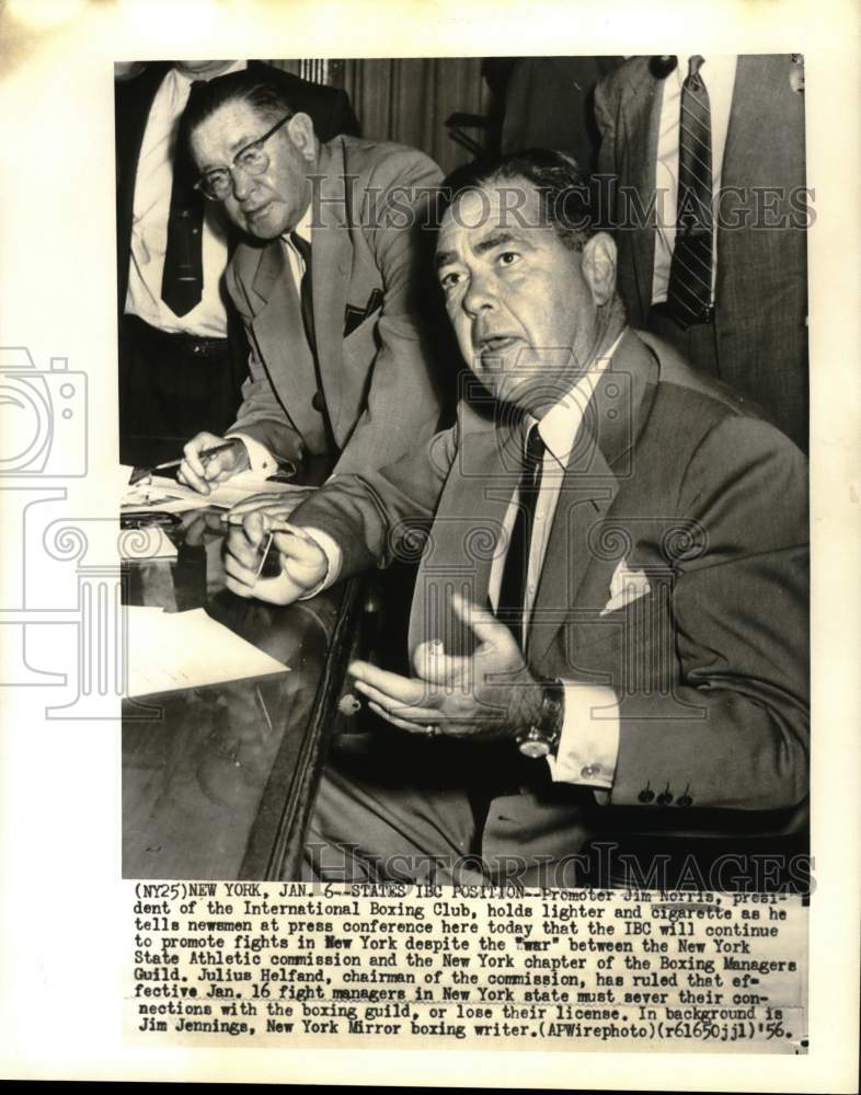 1956 Press Photo Boxing Club Pres. Jim Norris, Jim Jennings at press conference - Historic Images