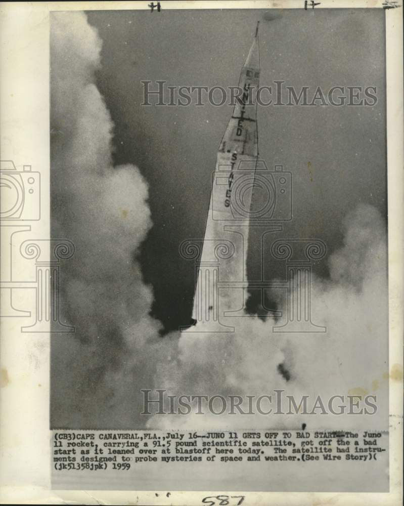 1959 Press Photo The Juno II rocket tilts on blastoff at Cape Canaveral. - Historic Images