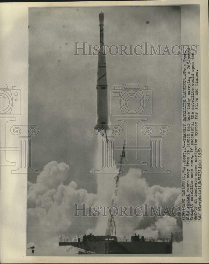 1959 Press Photo Thor-Able Rocket with Transit Satellite Launched, Florida - Historic Images