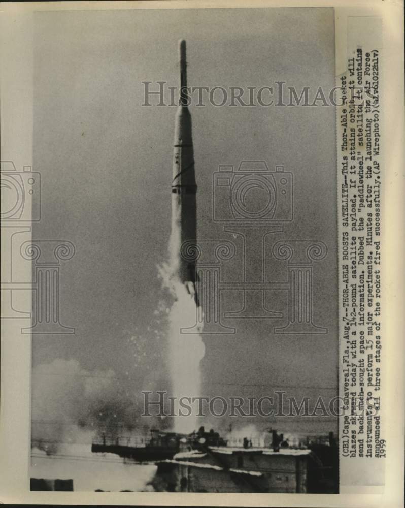 1959 Press Photo Rocket Carrying Satellite Launched, Cape Canaveral, Florida - Historic Images