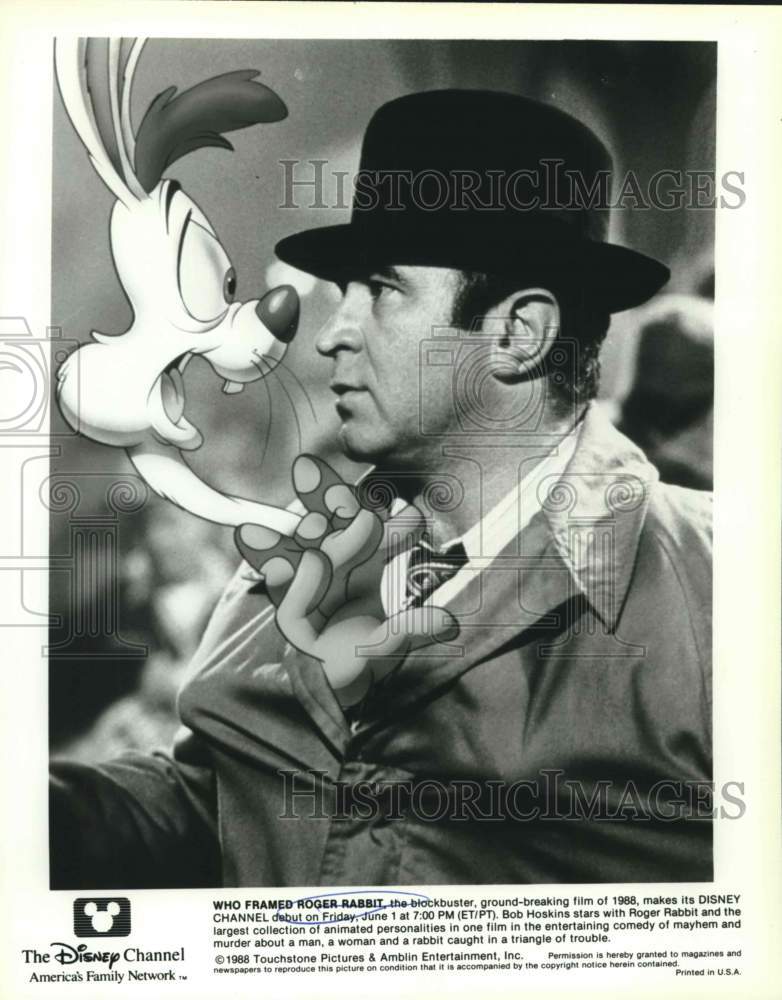 1988 Press Photo Actor Bob Hoskins, Roger Rabbit in "Who Framed Roger Rabbit" - Historic Images