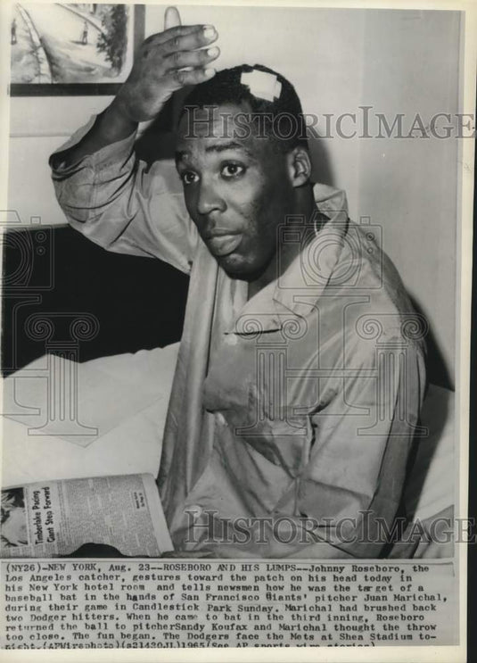 1965 Press Photo Dodgers Baseballer Johnny Roseboro Hit on Head with Bat - Historic Images