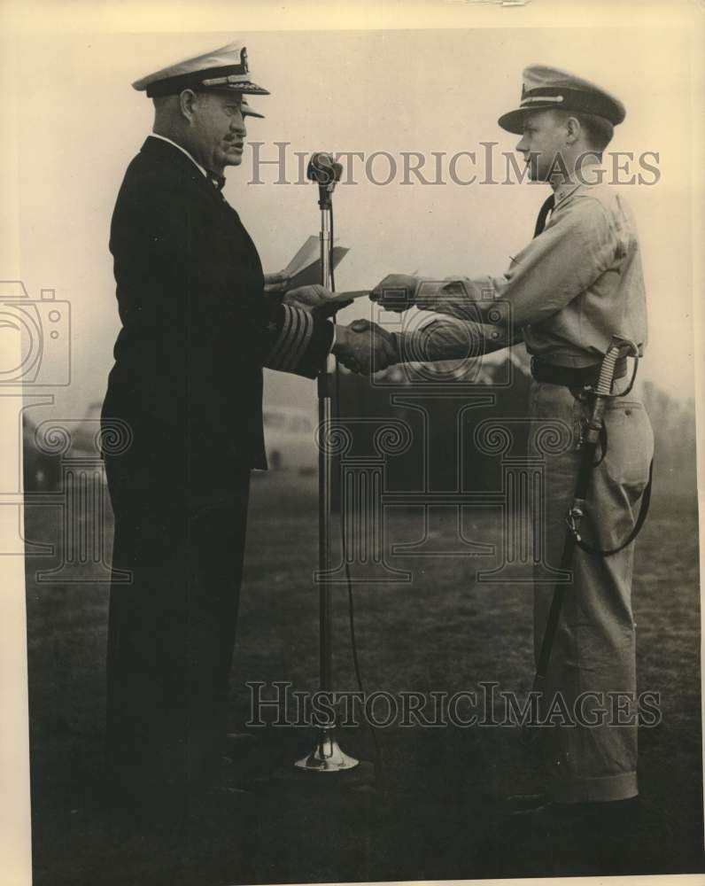 1950 Press Photo Cadet Schramel receiving his diploma for Pre-Flight School. - Historic Images