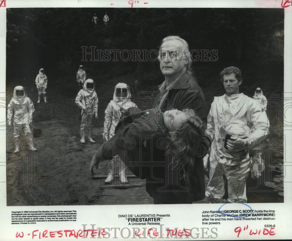 1984 Press Photo Actors George C. Scott, Drew Barrymore in &quot;Firestarter&quot; - Historic Images