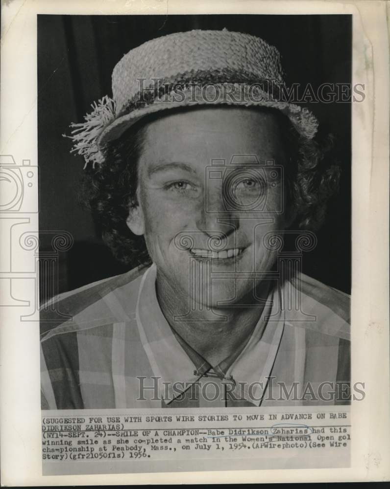 1956 Press Photo Golfer Babe Zaharias Smiles after Women&#39;s National Open Match - Historic Images