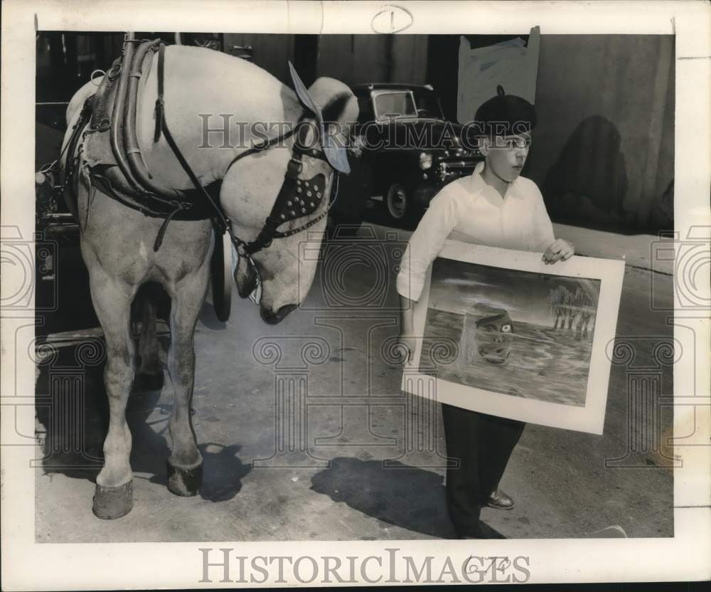 1950 Fortier student John Barnes holds his &quot;Swamp Fantasy&quot; painting-Historic Images