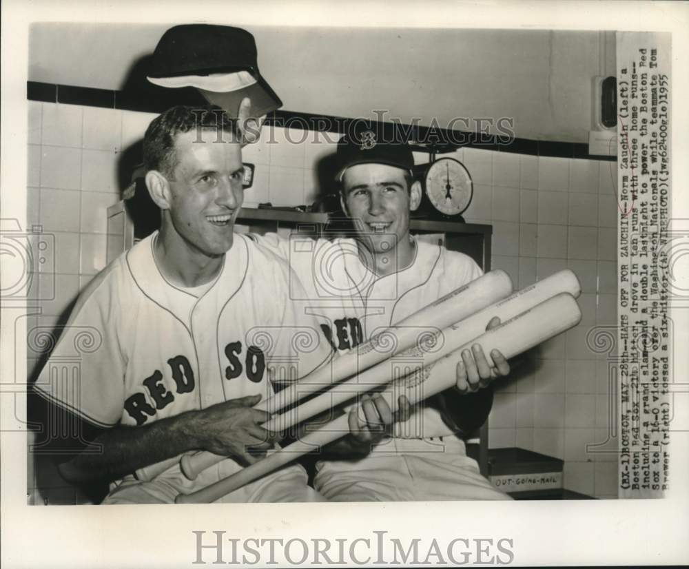 1955 Press Photo Boston Red Sox Baseballers Norm Zauchin, Tom Brewer after Win - Historic Images