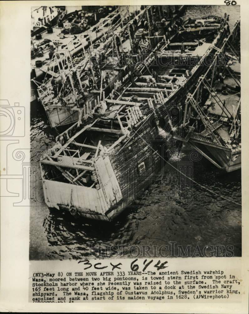 1961 Press Photo Swedish Warship Wasa Raised from Bottom of Stockholm Harbor - Historic Images