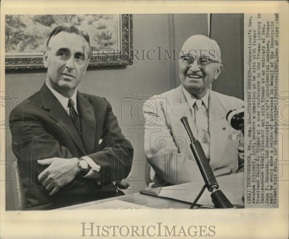 1960 Press Photo Former President Truman and Abraham Ribicoff at news conference- Historic Images