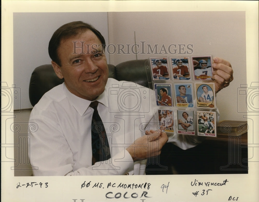 1993 Press Photo Craig Morton shows old football cards - ora60738 - Historic Images