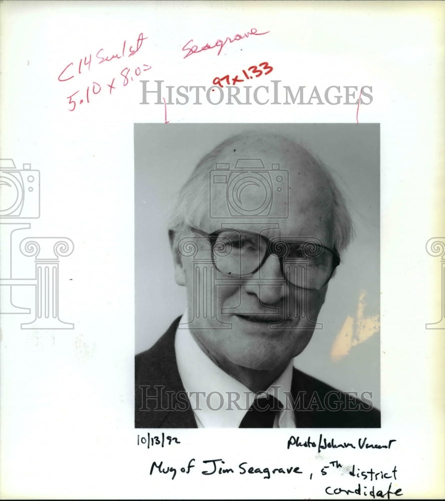 1992 Press Photo Jim Seagraves, 5th district candidate ora82333