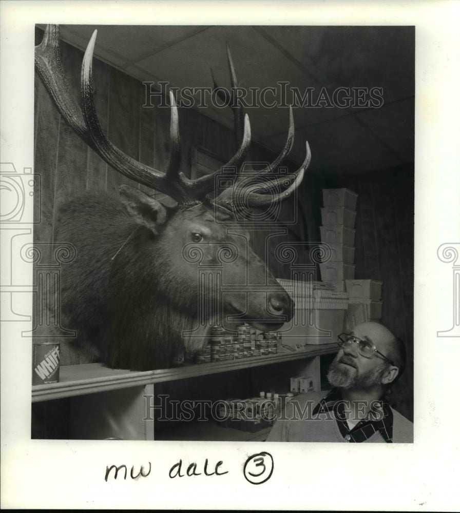 1985 Press Photo Warren Whipple works under gaze of elk head - orb12753- Historic Images