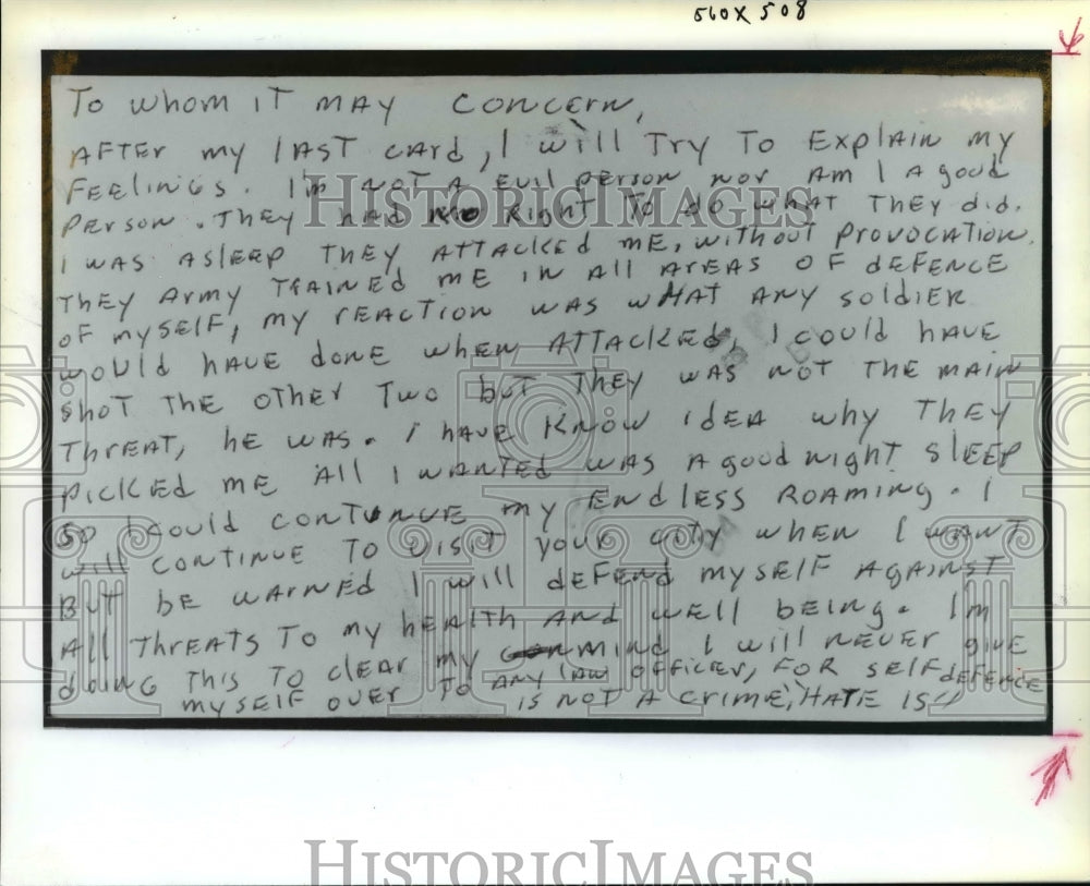 1992 Press Photo Letter where man says he will not surrender for shooting- Historic Images