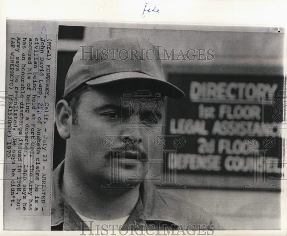 1970 Press Photo Accused Vietnam War deserter John David Lapp at Fort Ord in CA - Historic Images