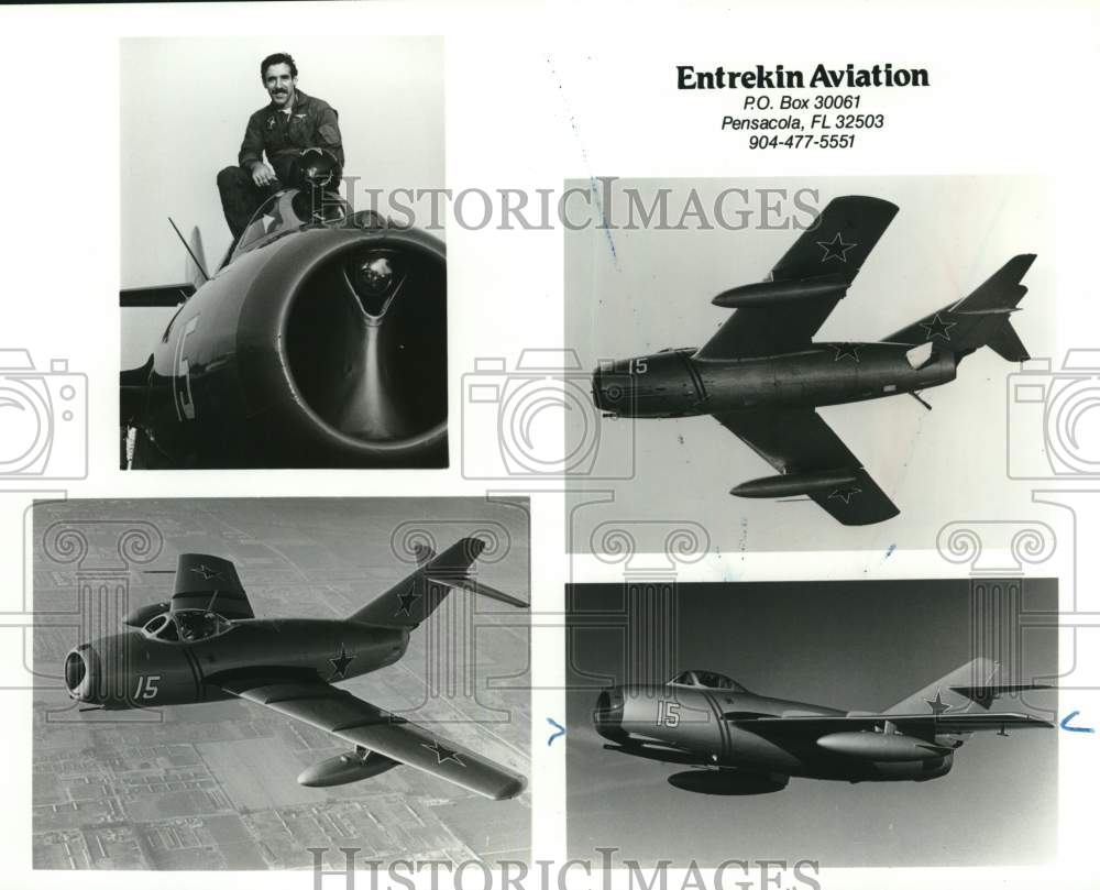 1988 Press Photo Entrekin Aviation pilot &amp; MiG 15 planes during flight- Historic Images