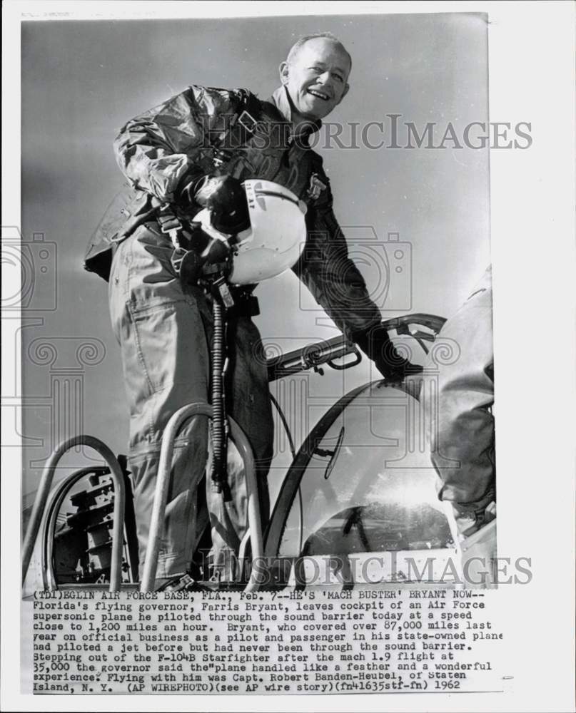 1962 Press Photo Governor Farris Bryant of Florida Pilots F-10WB Starfighter- Historic Images