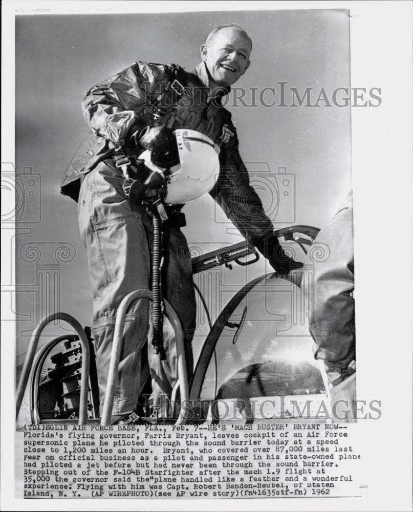 1962 Press Photo Governor Farris Bryant of Florida Pilots F-10WB Starfighter- Historic Images