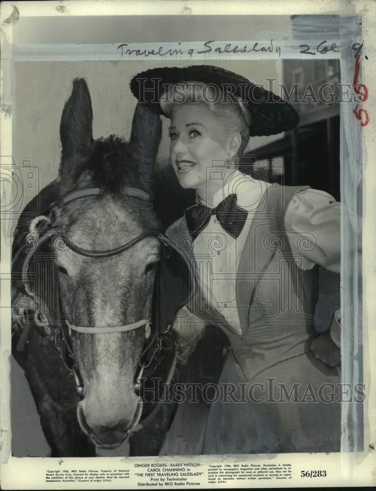 1956 Press Photo Actress Ginger Rogers &amp; mule in &quot;The First Traveling Saleslady&quot; - Historic Images