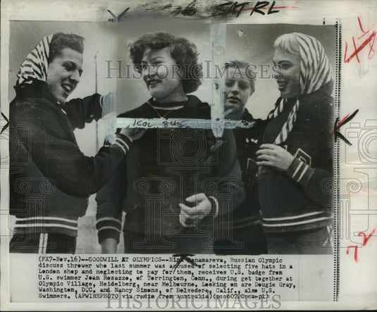 1956 Press Photo Russian Olympic discus thrower Nina Ponamareva & US Swimmers - Historic Images