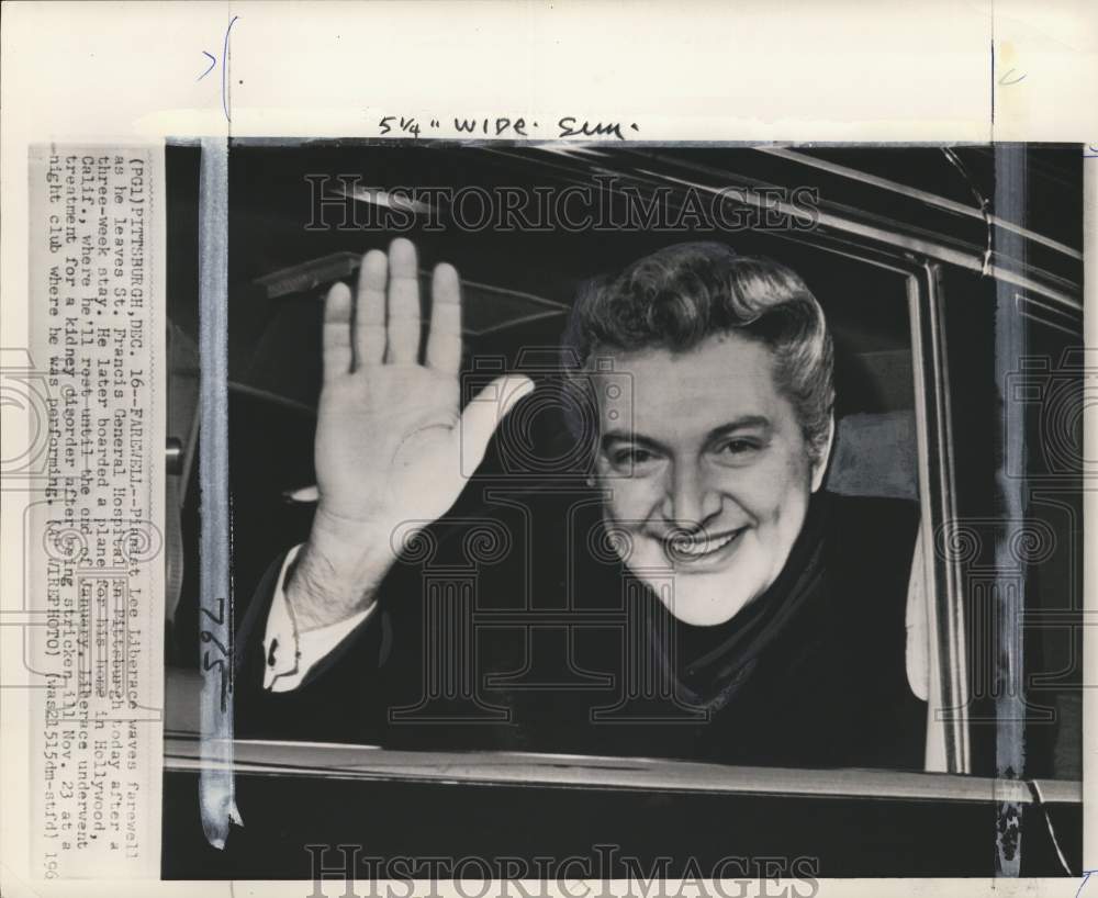 1965 Pianist Lee Liberace waves farewell as he leaves hospital, PA-Historic Images