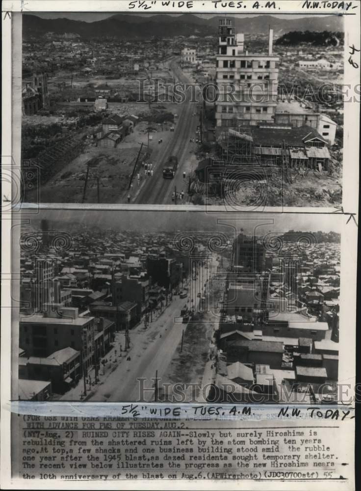 1955 Before & after view of Hiroshima, 10 years after bombing, Japan-Historic Images