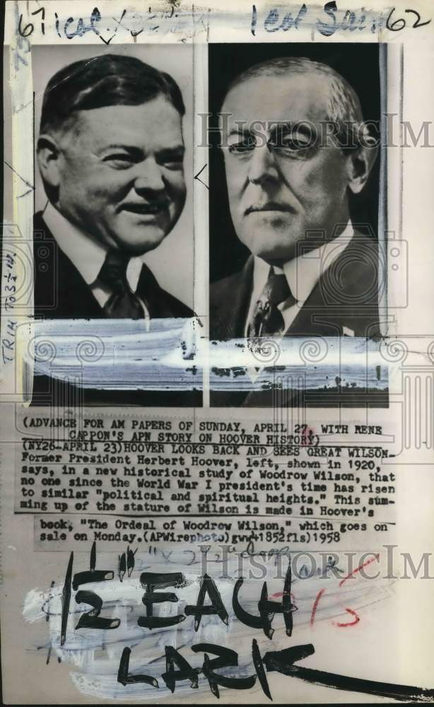1958 Herbert Hoover authored &quot;The Ordeal of Woodrow Wilson&quot; book-Historic Images