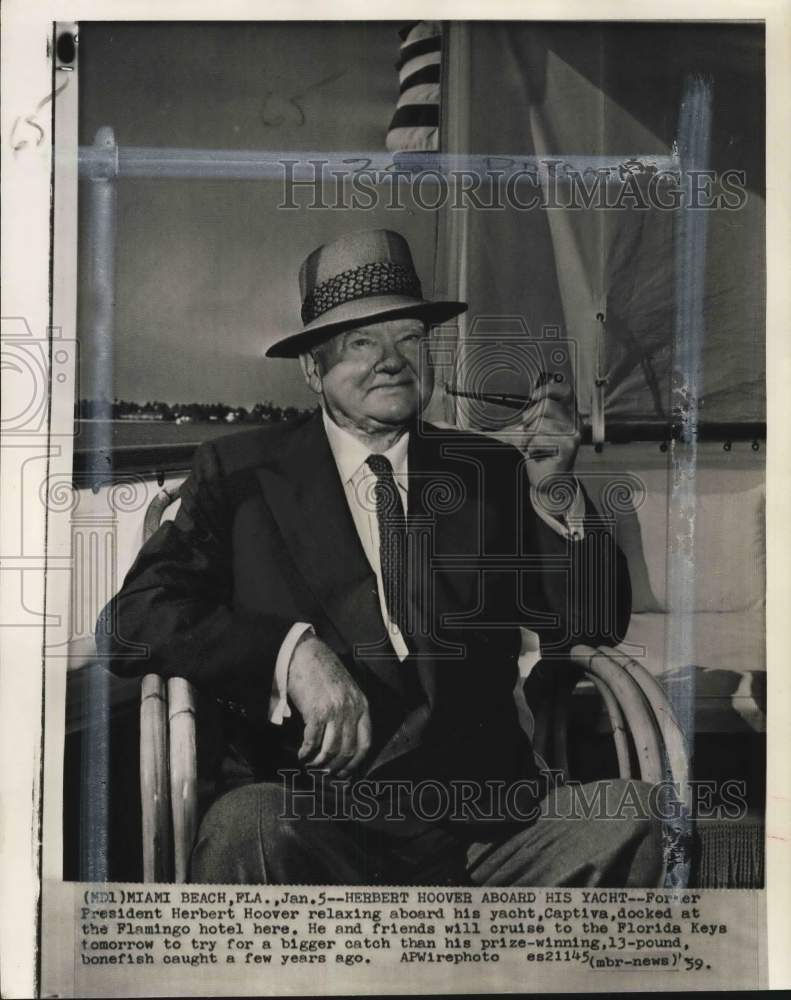 1959 Ex-President Herbert Hoover relaxing aboard his yacht, Florida-Historic Images