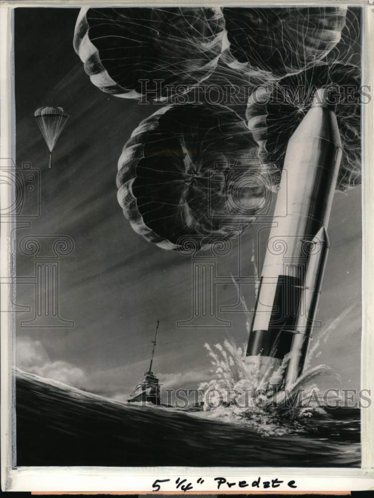 1966 Artist impression of a reusable rocket case with parachutes-Historic Images