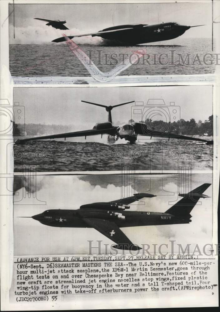 1955 Press Photo US Navy Xp6M-1 Martin Seamaster tested over Chesapeake Bay - Historic Images