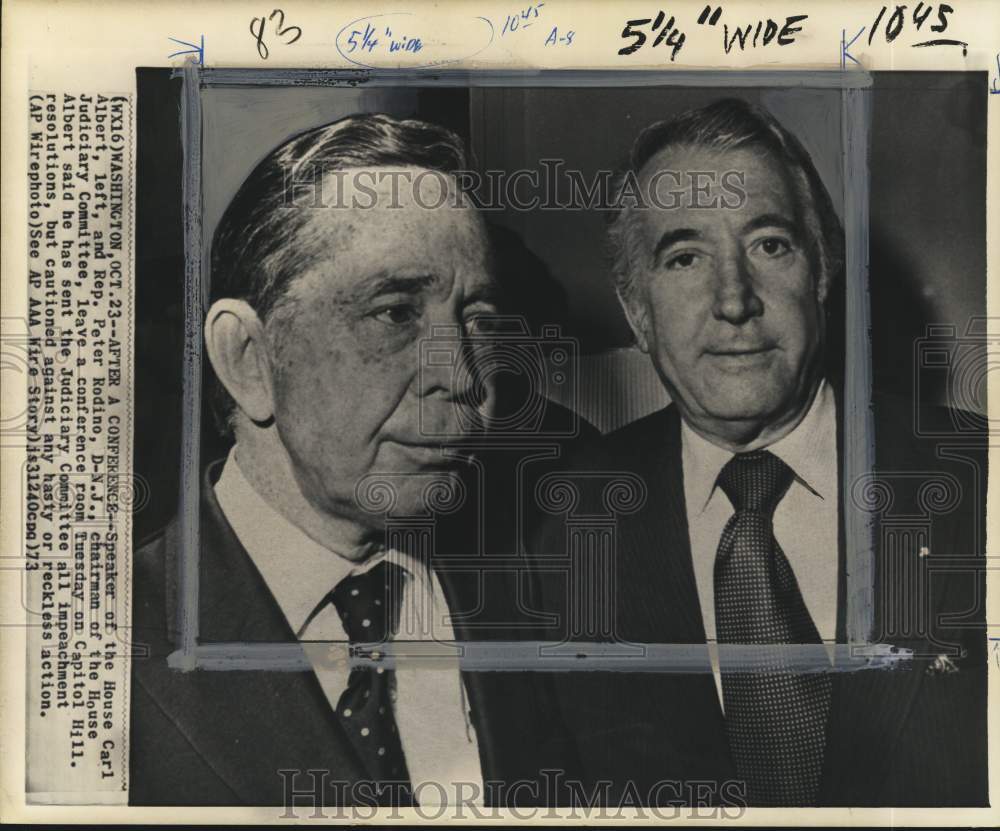 1973 Press Photo Congressmen Carl Albert &amp; Peter Rodino in Washington, DC - Historic Images